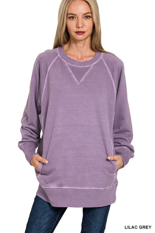 Zenana Pigment Dyed French Terry Pullover with Pockets Lilac Grey