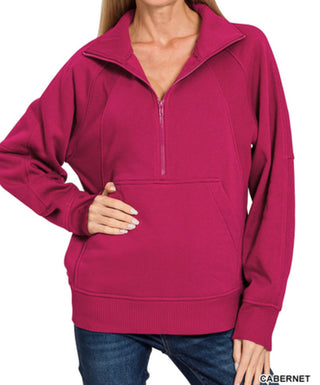 Zenana Half Zip Fleece Pullover W/ Kangaroo Pocket Cabernet