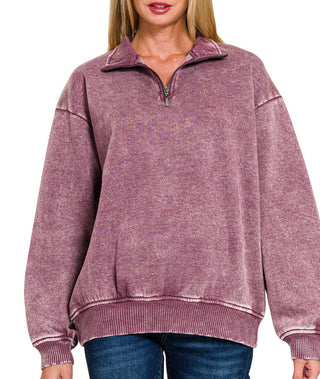 Zenana Acid Wash Fleece Half Zip Pullover Eggplant