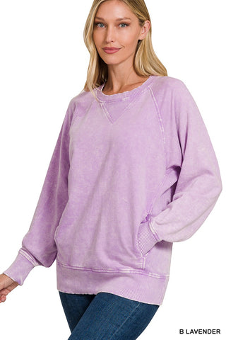 Zenana Acid Wash French Terry Pullover with Pockets Lavender