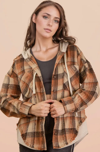 Very J Oversized Flannel Hooded Button Down Jacket Caramel