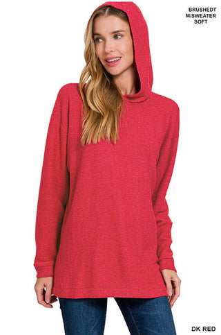 Zenana Hooded Brushed Melange Hacci Sweater Dark Red