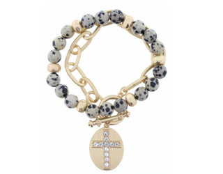 Jane Marie Set of 2 Dalmation Beaded with Gold Chain Link Crystal Cross Bracelet