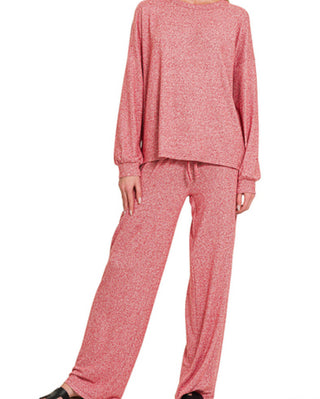 Zenana Soft Melange Hacci Long Sleeve Tee & Pants Set Dark Red