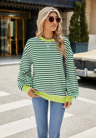 Lovesoft Color Contrast Crewneck Green and White Stripes Small