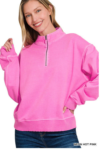Zenana Pigment Dyed Enzyme Washed Half Zip Pullover Neon Hot Pink