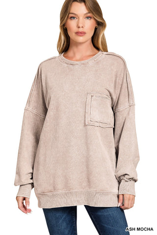 Zenana Halo Washed French Terry Exposed Seam Sweatshirt Ash Mocha