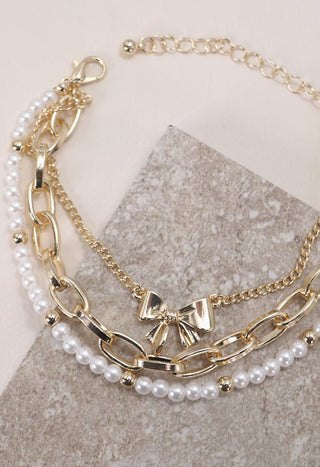 Josslyn Bow Pearl Link Trio Set Bracelet Gold