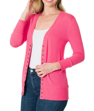 Zenana Snap Button 3/4 Sleeve Cardigan Fuchsia