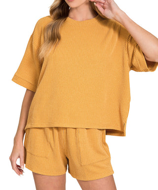 Zenana Raised Rib Short Sleeve Tee & Short Set Mustard 8588