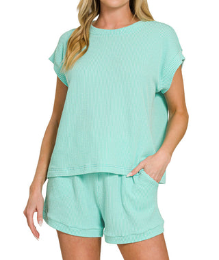 Zenana Raised Rib Cap Sleeve Top & Shorts Set Mint 8623