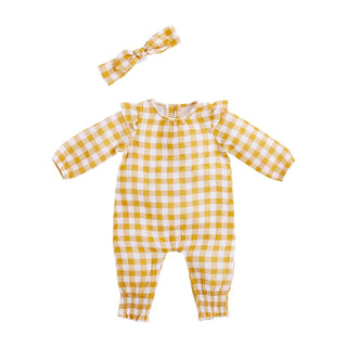 Mudpie Mustard Gingham One Piece w/Headband