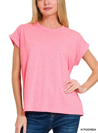 Zenana Folded Sleeve T-Shirt Heather Fuchsia