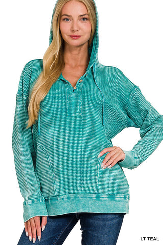 Zenana Washed Waffle Button Neckline Hooded Top Light Teal