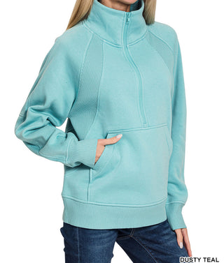 Zenana Half Zip Fleece Pullover W/ Kangaroo Pocket Dusty Teal