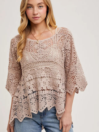Bluivy Sheer Crochet High-Low Top Latte