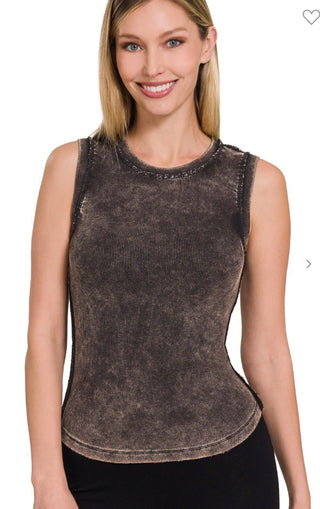 Zenana Washed Ribbed Tank Top with Exposed Seam Ash Black