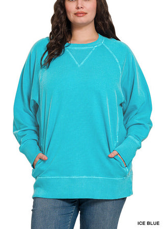 Zenana Pigment Dyed French Terry Pullover with Pockets Ice Blue