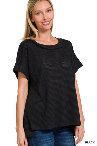 Zenana Brushed Waffle Exposed Seam Short Sleeve Black
