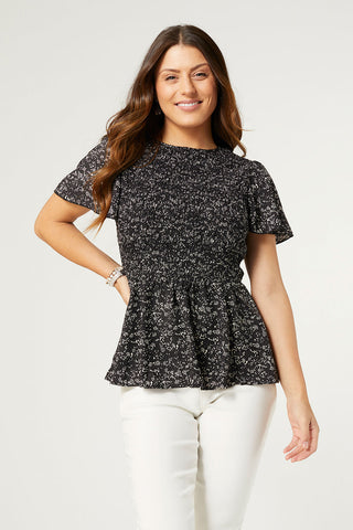 Coco+Carmen Shirley Smocked Peplum Top Black & White