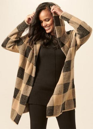 Charlie Paige Eyelash Yarn Plaid Open-Front Hoodie Coatigan 407065