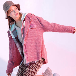New In Ribbed Knit Hooded Cozy Washed Jacket Blush