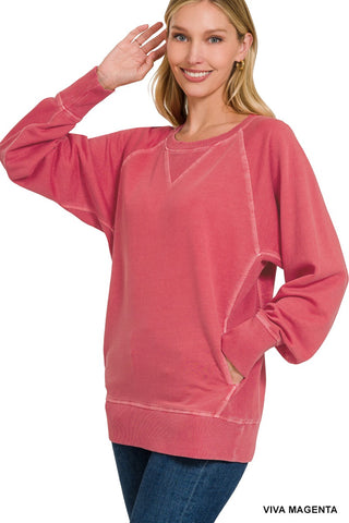 Zenana Pigment Dyed French Terry Pullover with Pockets Viva Magenta