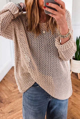 Little Daisy Closet Crochet Hallow Out Sweater Khaki
