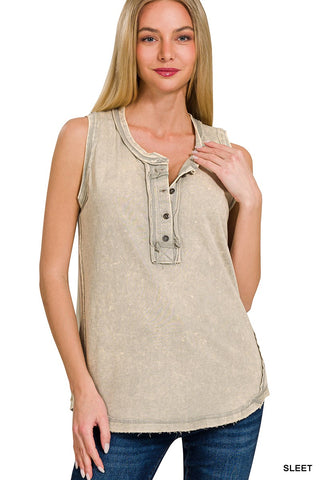 Zenana Washed Half-Button Sleeveless Henley Sleet