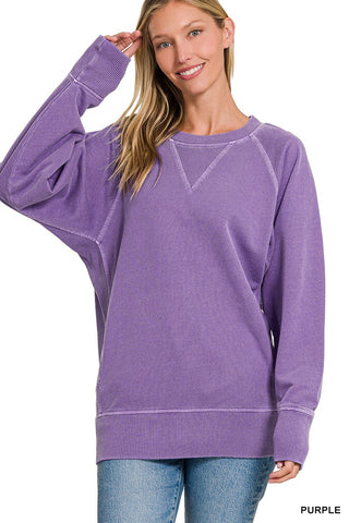 Zenana Pigment Dyed French Terry Pullover with Pockets Purple