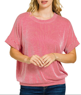 Zenana Corded Rib Short Sleeve Top Ruby