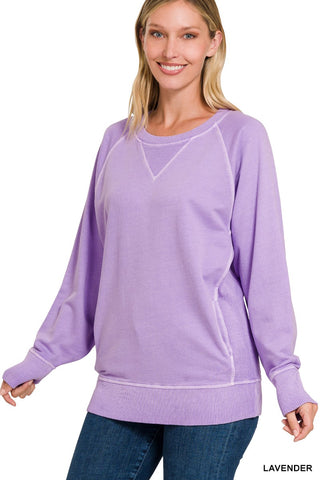 Zenana Pigment Dyed French Terry Pullover with Pockets Lavender