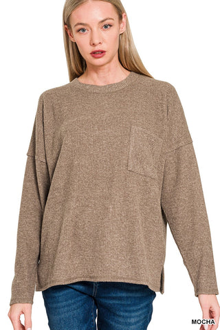 Zenana Ribbed Brushed Melange Hacci Sweater with Pocket Mocha