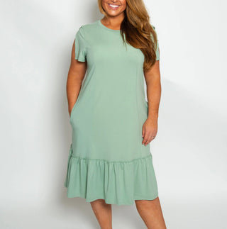 Arianna Slit-Sleeve Dress with Ruffle Hem Sage
