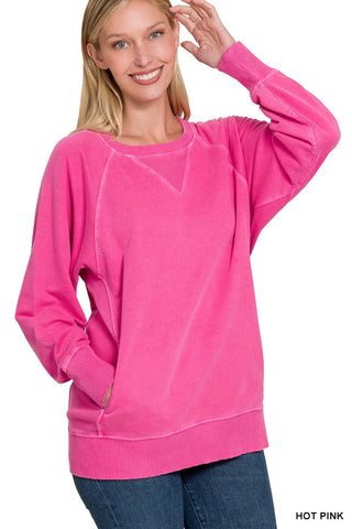 Zenana Pigment Dyed French Terry Pullover with Pockets Hot Pink