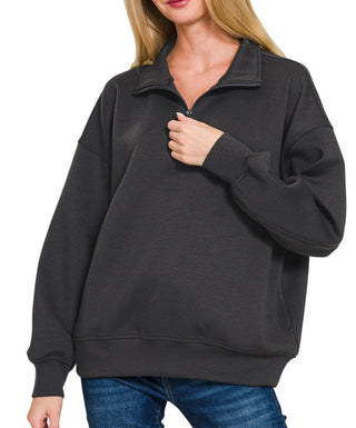 Zenana Scuba Half Zip Pullover with Pockets Black