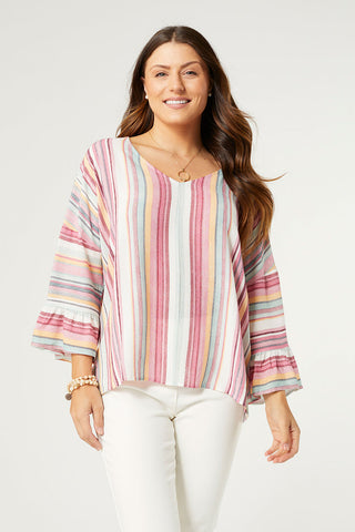 Coco+Carmen Millicent V-Neck Ruffle Sleeve Top Pink/Mint Stripe