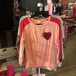 Color Block Long Sleeve Shirt with Sequin Heart
