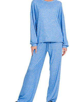 Zenana Soft Melange Hacci Long Sleeve Tee & Pants Set Ocean Blue