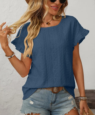 Lovesoft Short Sleeve Crewneck Hallow Out Top Dark Blue