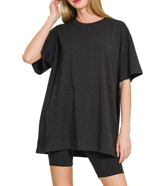 Zenana Cotton Round Neck Top & Biker Shorts Black