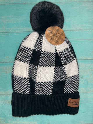 Britt's Knits Buffalo Plaid Pom Hat White/Black
