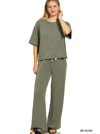 Raised Rib Short Sleeve Tee & Pants Set Dark Olive