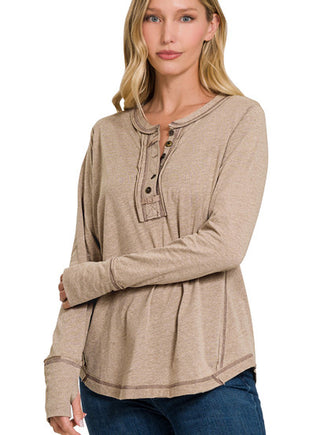 Zenana Thumb Hole Cuffs Button Closure Long Sleeve Mocha