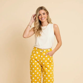 Polka Dot High Rise Straight Leg Pants Mustard/Wht