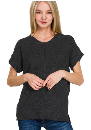Zenana Center Seam Short Sleeve Sweater Black
