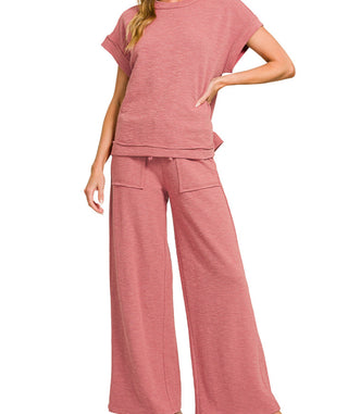 Zenana Cotton Slub Short Sleeve Tee & Long Pant Set Winter Rose