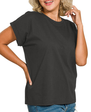 Zenana Cotton Folded Sleeve T-Shirt Black