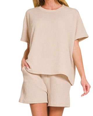 Zenana Ribbed Short Sleeve Tee & Shorts Set Sand Beige 8544