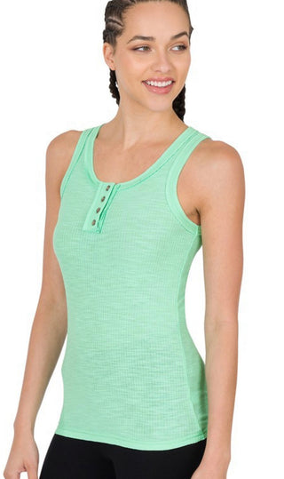 Zenana Ribbed Tank Top with Button Detail Mint Green